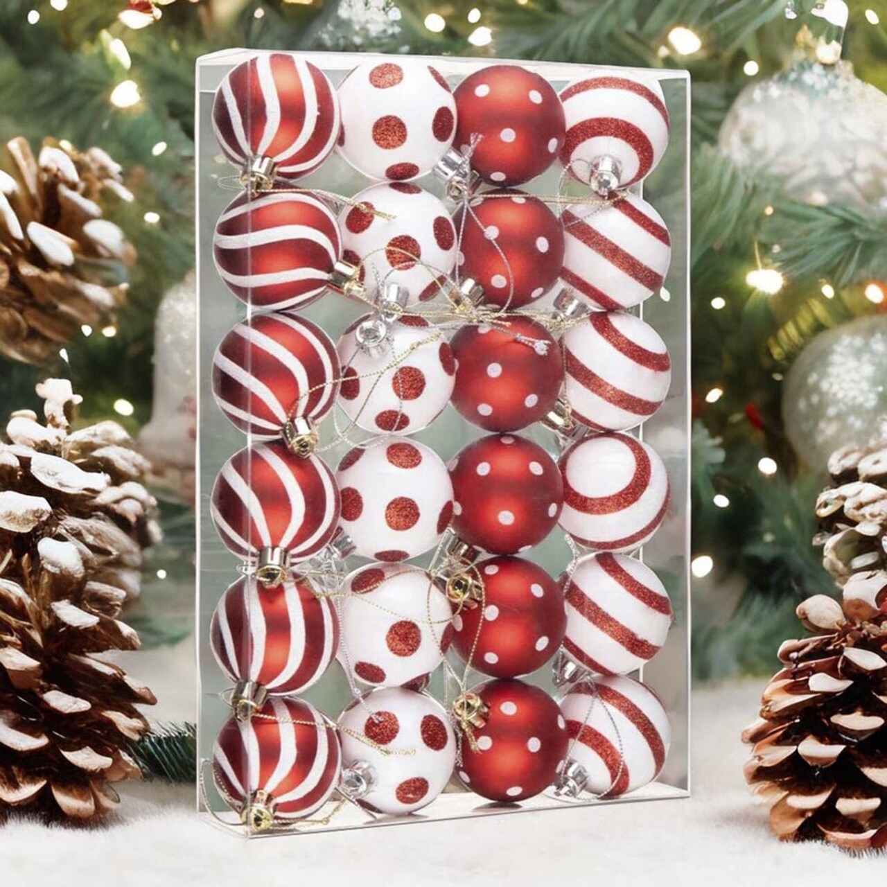 Polka Dot and Candycane Color Style Ornament Ball Bundle, Set of 24 Red and White Patterned Christmas Baubles